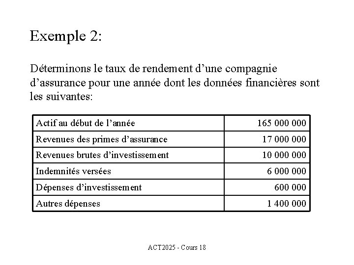 Exemple 2: Déterminons le taux de rendement d’une compagnie d’assurance pour une année dont