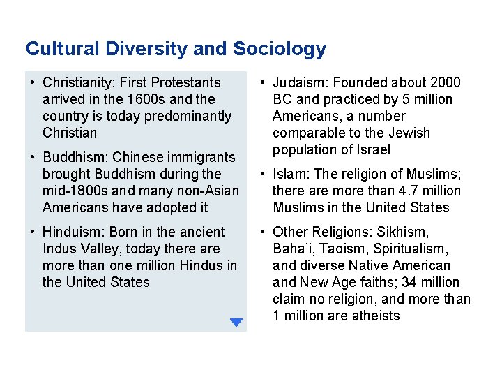 Cultural Diversity and Sociology • Christianity: First Protestants arrived in the 1600 s and