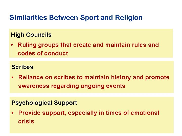 Similarities Between Sport and Religion High Councils • Ruling groups that create and maintain