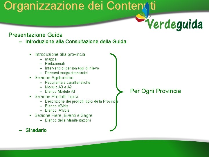 Organizzazione dei Contenuti Presentazione Guida – Introduzione alla Consultazione della Guida • Introduzione alla