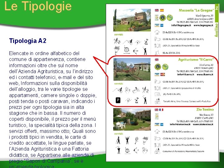 Le Tipologia A 2 Elencate in ordine alfabetico del comune di appartenenza, contiene informazioni