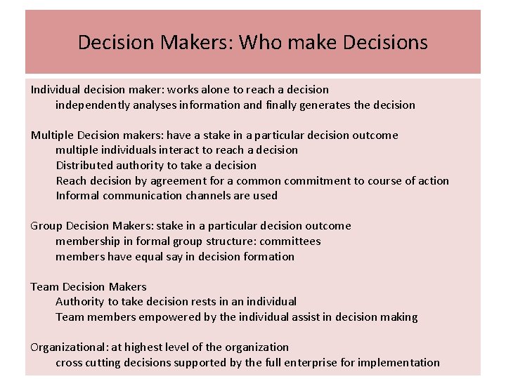 Decision Makers: Who make Decisions Individual decision maker: works alone to reach a decision