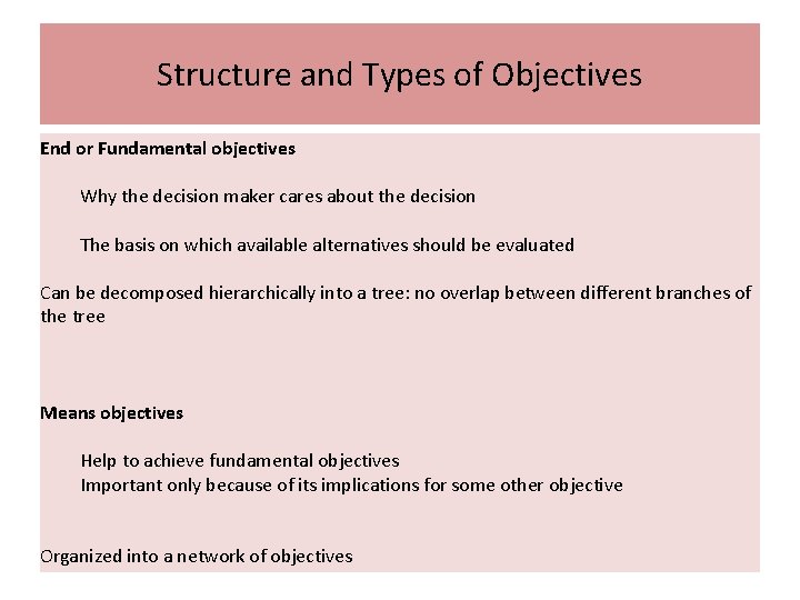 Structure and Types of Objectives End or Fundamental objectives Why the decision maker cares