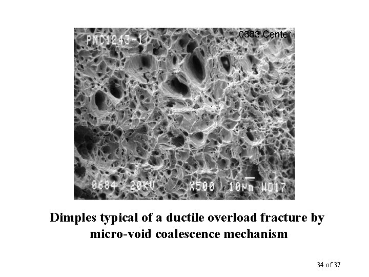 Dimples typical of a ductile overload fracture by micro-void coalescence mechanism 34 of 37