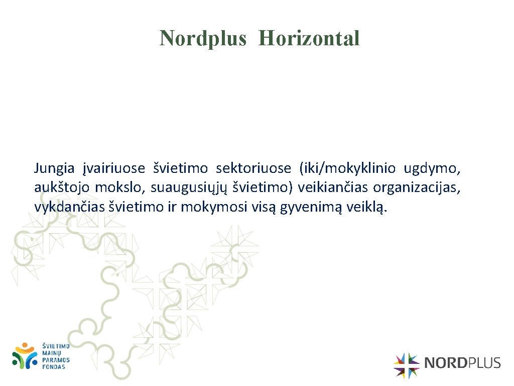 Nordplus Horizontal Jungia įvairiuose švietimo sektoriuose (iki/mokyklinio ugdymo, aukštojo mokslo, suaugusiųjų švietimo) veikiančias organizacijas,