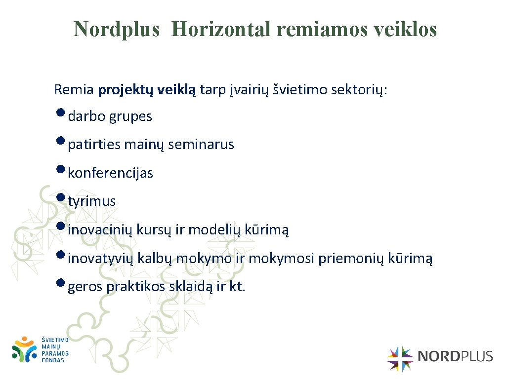 Nordplus Horizontal remiamos veiklos Remia projektų veiklą tarp įvairių švietimo sektorių: • darbo grupes