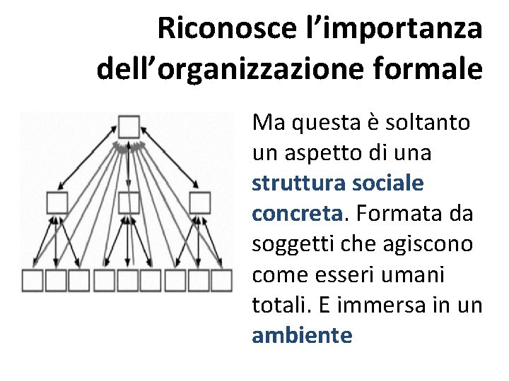 Riconosce l’importanza dell’organizzazione formale Ma questa è soltanto un aspetto di una struttura sociale Riconosce l’importanza dell’organizzazione formale Ma questa è soltanto un aspetto di una struttura sociale