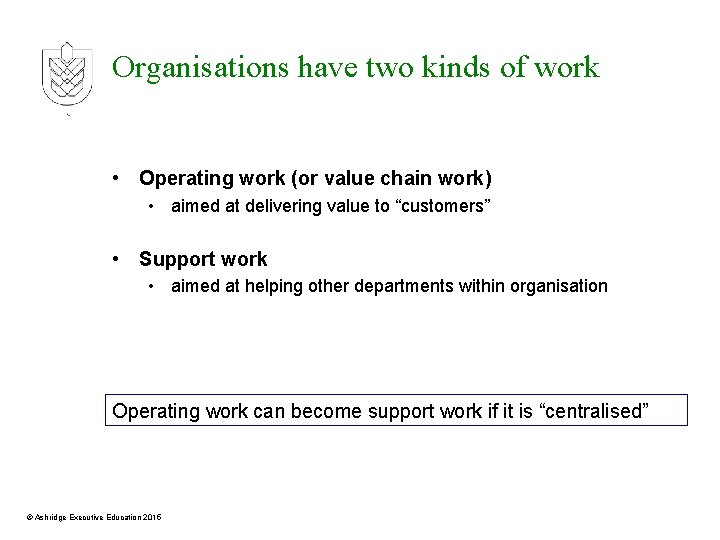 Organisations have two kinds of work • Operating work (or value chain work) •