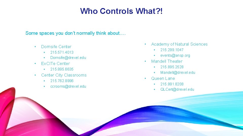 Who Controls What? ! Some spaces you don’t normally think about…. • Dornsife Center