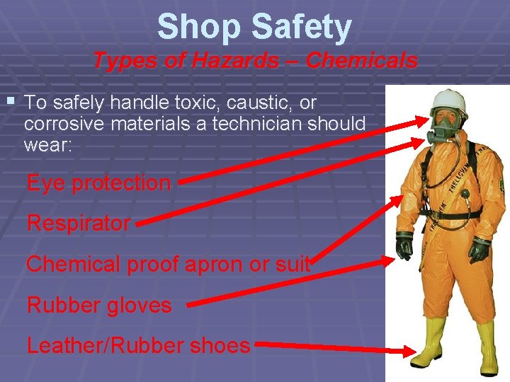 Shop Safety Types of Hazards – Chemicals § To safely handle toxic, caustic, or