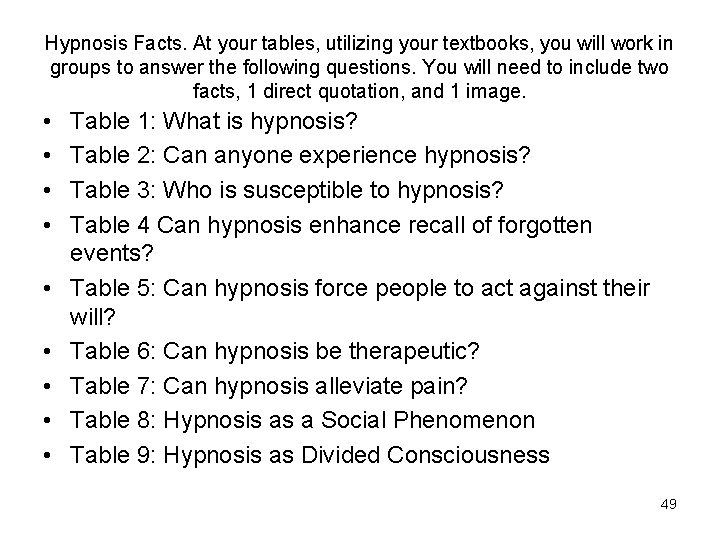 Hypnosis Facts. At your tables, utilizing your textbooks, you will work in groups to