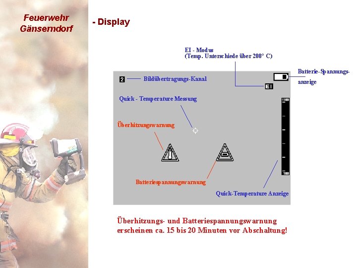 Feuerwehr Gänserndorf - Display EI - Modus (Temp. Unterschiede über 200° C) Batterie-Spannungs. Bildübertragungs-Kanal