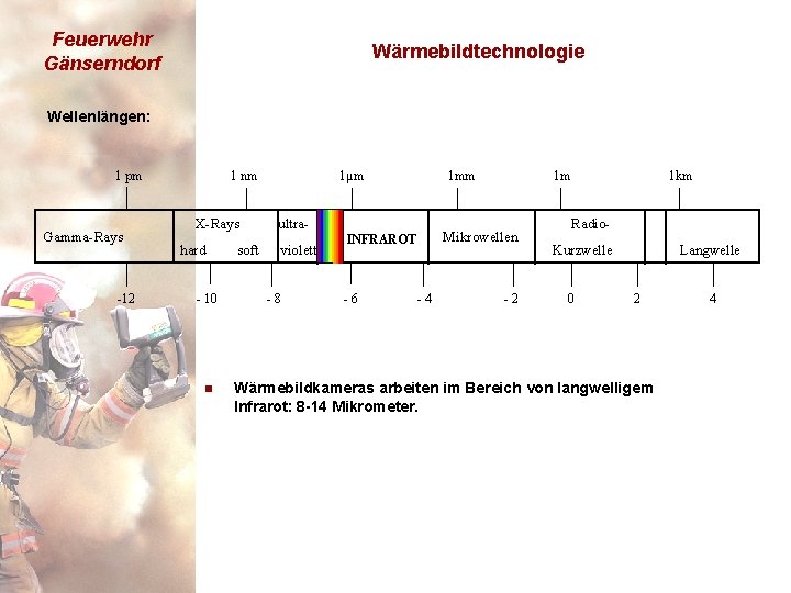 Feuerwehr Gänserndorf Wärmebildtechnologie Wellenlängen: 1 pm Gamma-Rays -12 1 nm X-Rays hard - 10