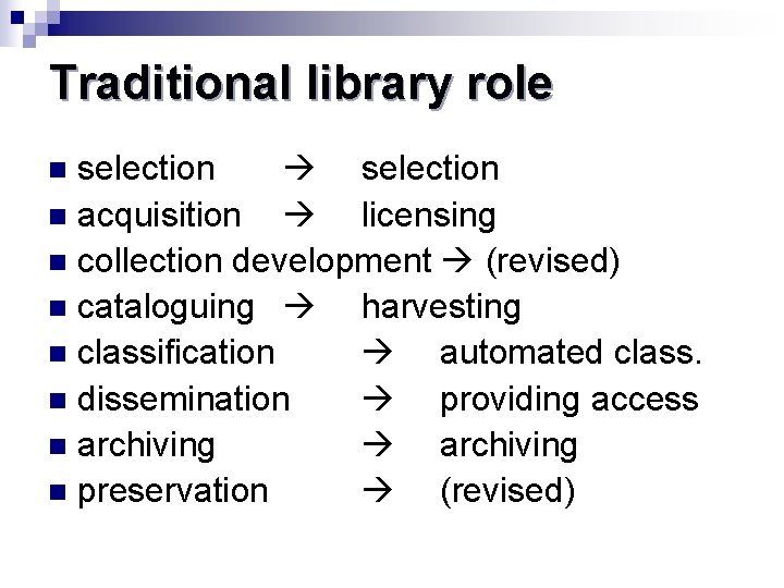 Traditional library role selection n acquisition licensing n collection development (revised) n cataloguing harvesting
