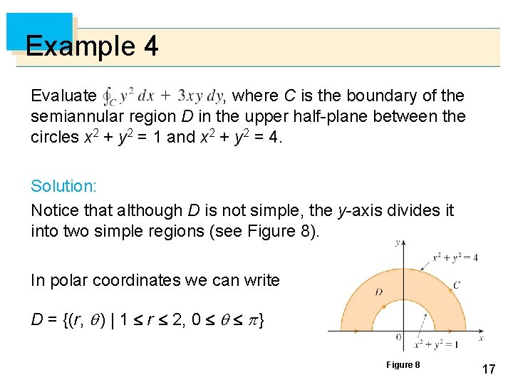 Example 4 Evaluate , where C is the boundary of the semiannular region D