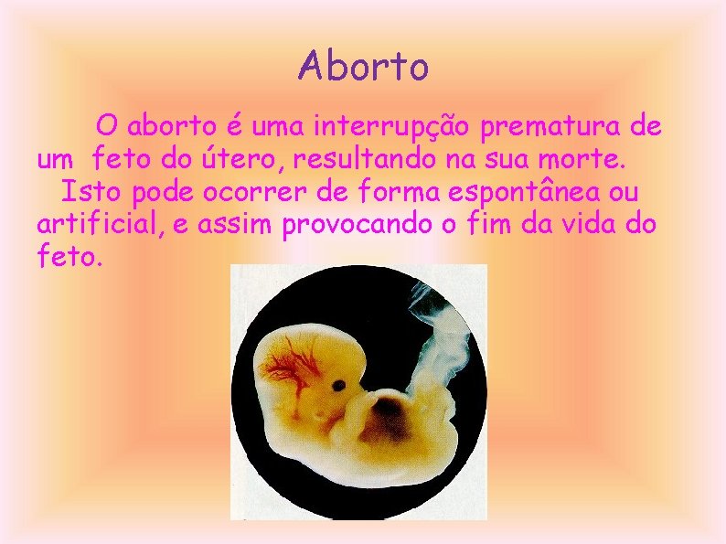 Aborto O aborto é uma interrupção prematura de um feto do útero, resultando na