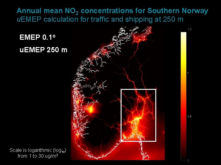 Annual mean NO 2 concentrations for Southern Norway u. EMEP calculation for traffic and