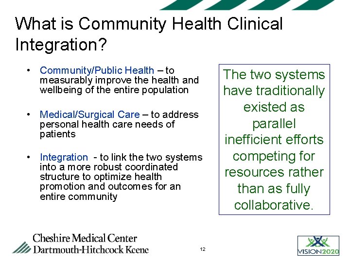 What is Community Health Clinical Integration? • Community/Public Health – to measurably improve the