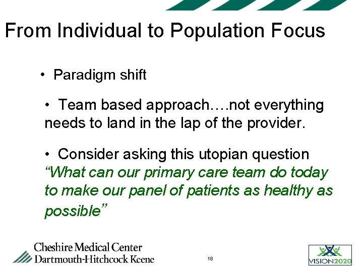 From Individual to Population Focus • Paradigm shift • Team based approach…. not everything