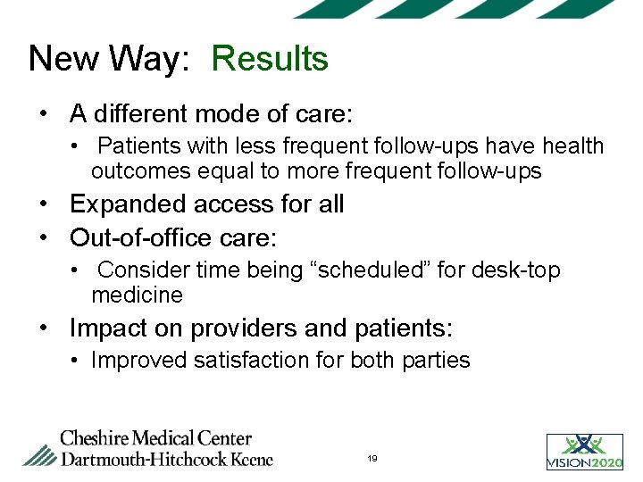 New Way: Results • A different mode of care: • Patients with less frequent