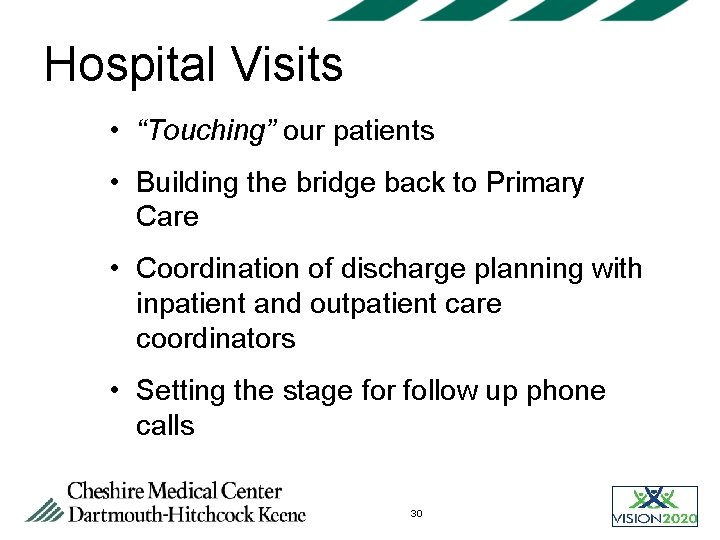 Hospital Visits • “Touching” our patients • Building the bridge back to Primary Care