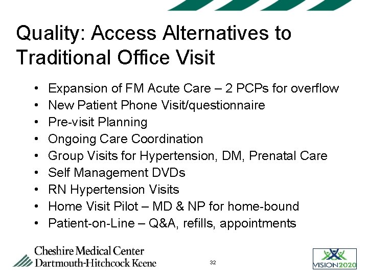 Quality: Access Alternatives to Traditional Office Visit • • • Expansion of FM Acute