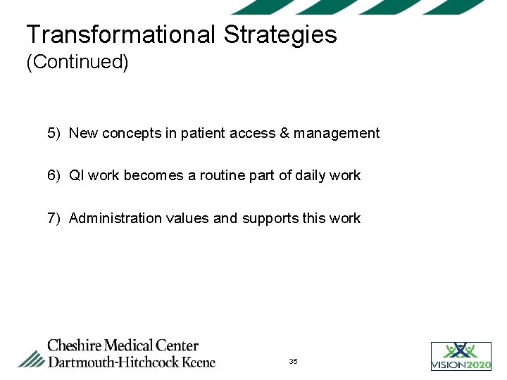 Transformational Strategies (Continued) 5) New concepts in patient access & management 6) QI work