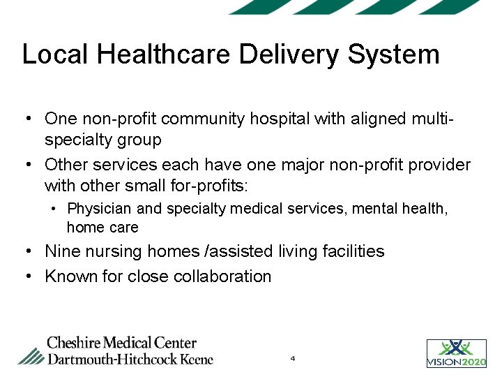 Local Healthcare Delivery System • One non-profit community hospital with aligned multispecialty group •