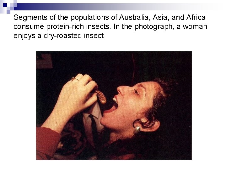 Segments of the populations of Australia, Asia, and Africa consume protein-rich insects. In the