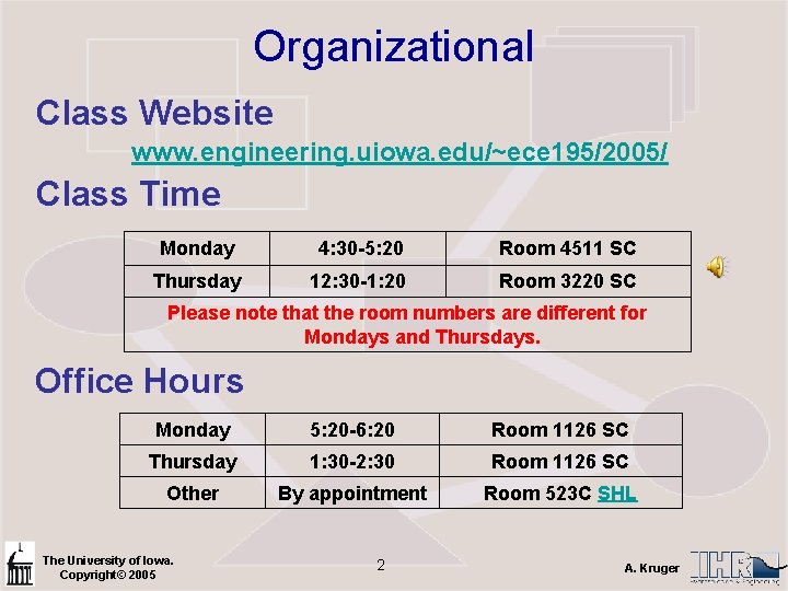 Organizational Class Website www. engineering. uiowa. edu/~ece 195/2005/ Class Time Monday 4: 30 -5:
