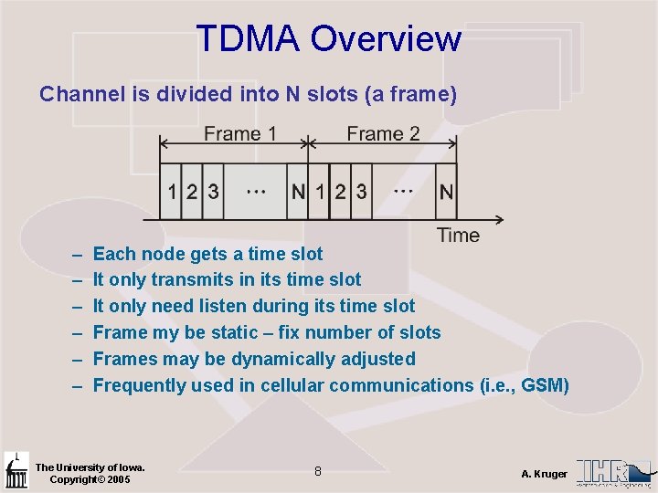TDMA Overview Channel is divided into N slots (a frame) – – – Each