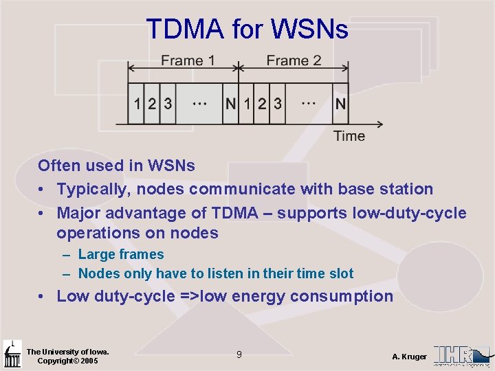 TDMA for WSNs Often used in WSNs • Typically, nodes communicate with base station