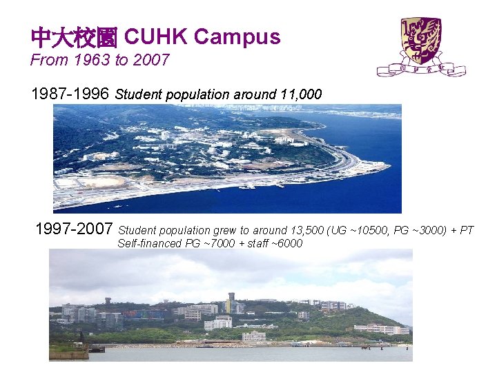 中大校園 CUHK Campus From 1963 to 2007 1987 -1996 Student population around 11, 000