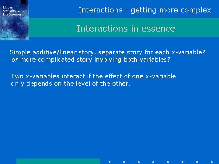Interactions - getting more complex Interactions in essence Simple additive/linear story, separate story for
