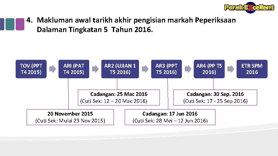 4. Makluman awal tarikh akhir pengisian markah Peperiksaan Dalaman Tingkatan 5 Tahun 2016. TOV