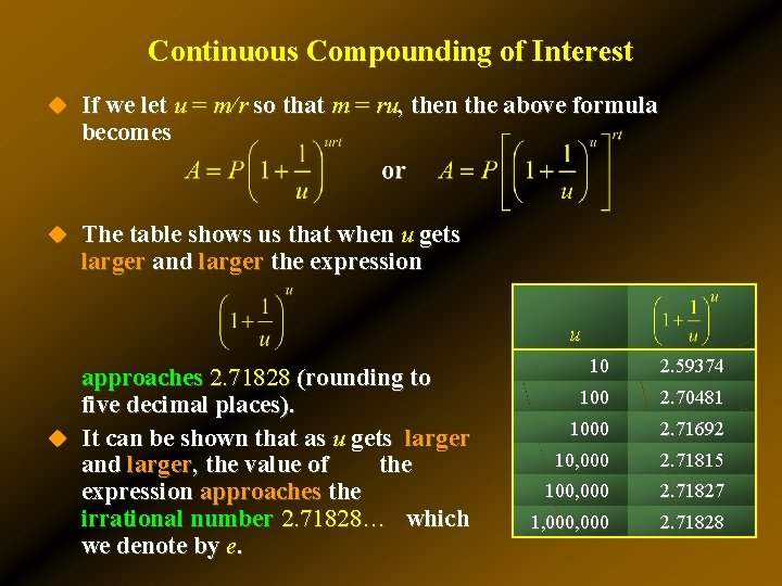 Continuous Compounding of Interest u If we let u = m/r so that m Continuous Compounding of Interest u If we let u = m/r so that m