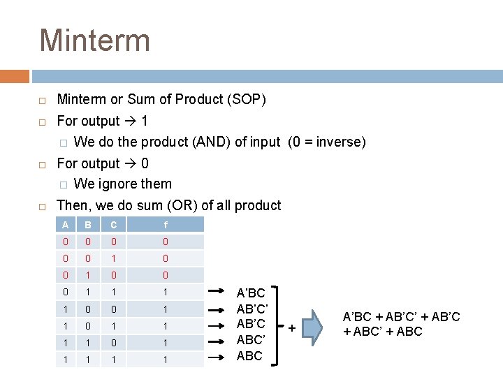 Minterm or Sum of Product (SOP) For output 1 � We do the product