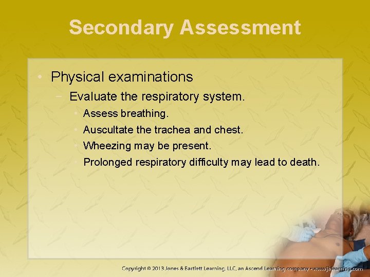 Secondary Assessment • Physical examinations − Evaluate the respiratory system. • • Assess breathing.