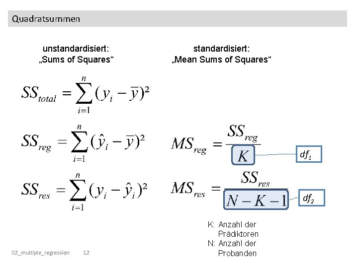 Quadratsummen unstandardisiert: „Sums of Squares“ standardisiert: „Mean Sums of Squares“ df 1 df 2
