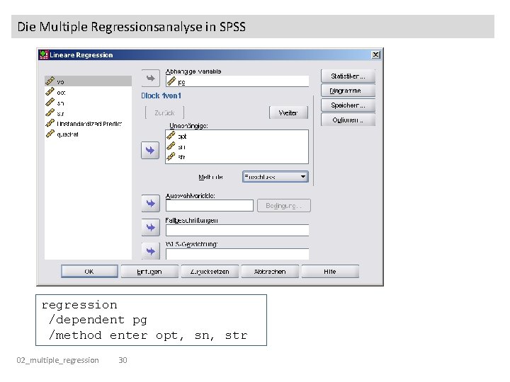 Die Multiple Regressionsanalyse in SPSS regression /dependent pg /method enter opt, sn, str 02_multiple_regression