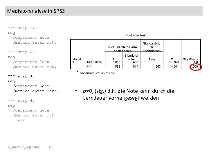 Mediatoranalyse in SPSS *** step 1. reg /dependent note /method enter mot. *** step