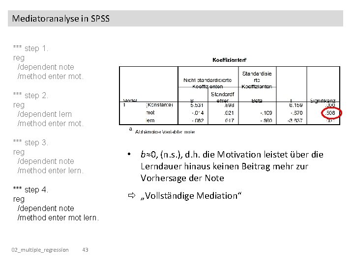 Mediatoranalyse in SPSS *** step 1. reg /dependent note /method enter mot. *** step