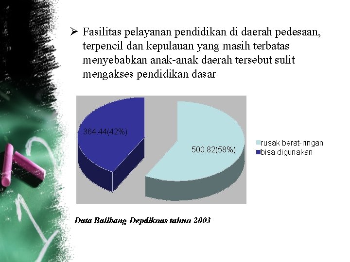 Ø Fasilitas pelayanan pendidikan di daerah pedesaan, terpencil dan kepulauan yang masih terbatas menyebabkan