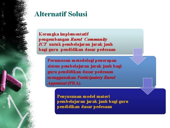 Alternatif Solusi Kerangka implementatif pengembangan Rural Community ICT untuk pembelajaran jarak jauh bagi guru