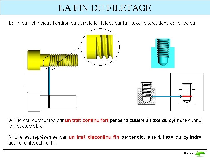 LA FIN DU FILETAGE La fin du filet indique l’endroit où s’arrête le filetage