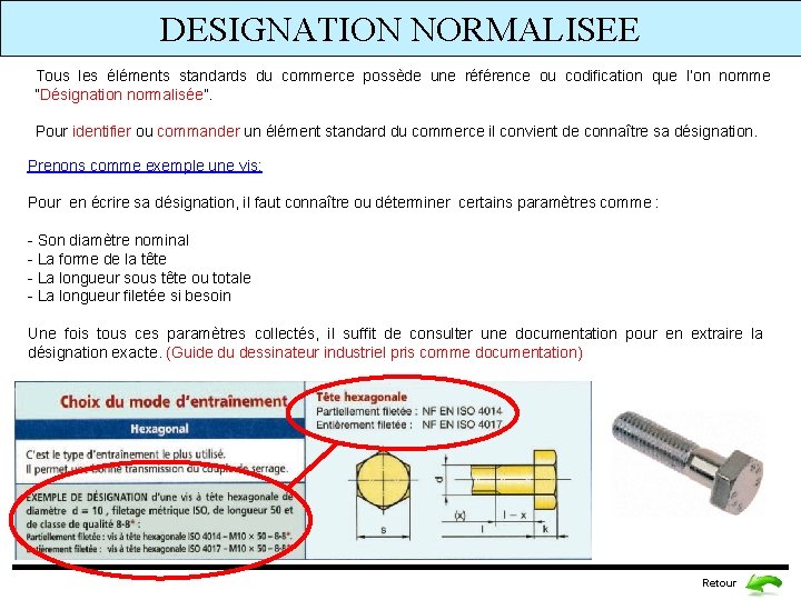 DESIGNATION NORMALISEE Tous les éléments standards du commerce possède une référence ou codification que