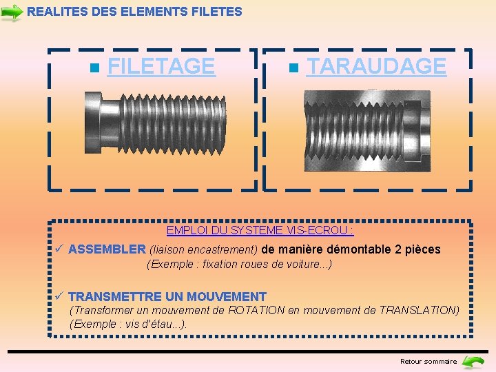 REALITES DES ELEMENTS FILETES n FILETAGE n TARAUDAGE EMPLOI DU SYSTEME VIS-ECROU : ü