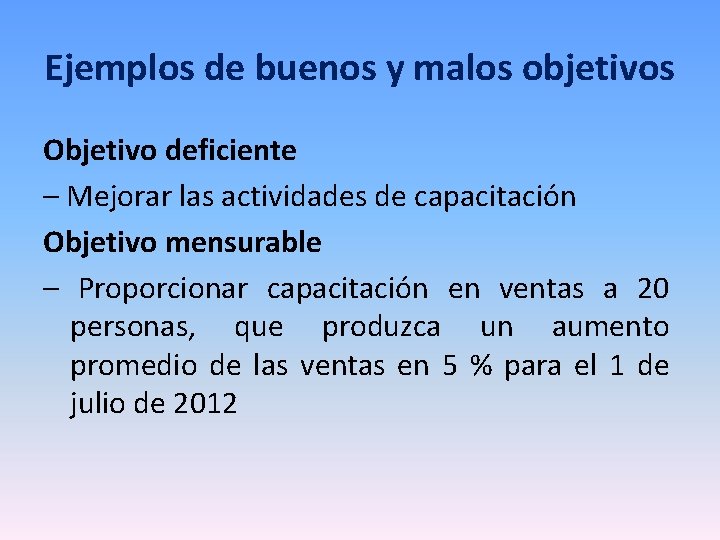 Ejemplos de buenos y malos objetivos Objetivo deficiente – Mejorar las actividades de capacitación Ejemplos de buenos y malos objetivos Objetivo deficiente – Mejorar las actividades de capacitación