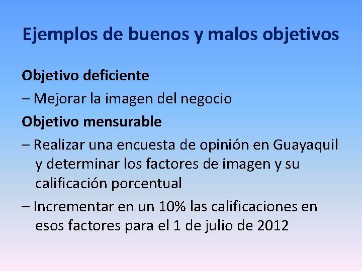 Ejemplos de buenos y malos objetivos Objetivo deficiente – Mejorar la imagen del negocio Ejemplos de buenos y malos objetivos Objetivo deficiente – Mejorar la imagen del negocio