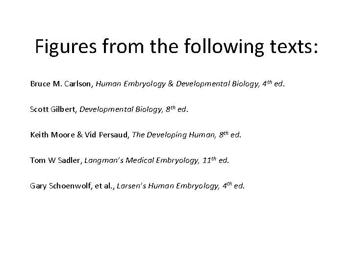 Figures from the following texts: Bruce M. Carlson, Human Embryology & Developmental Biology, 4